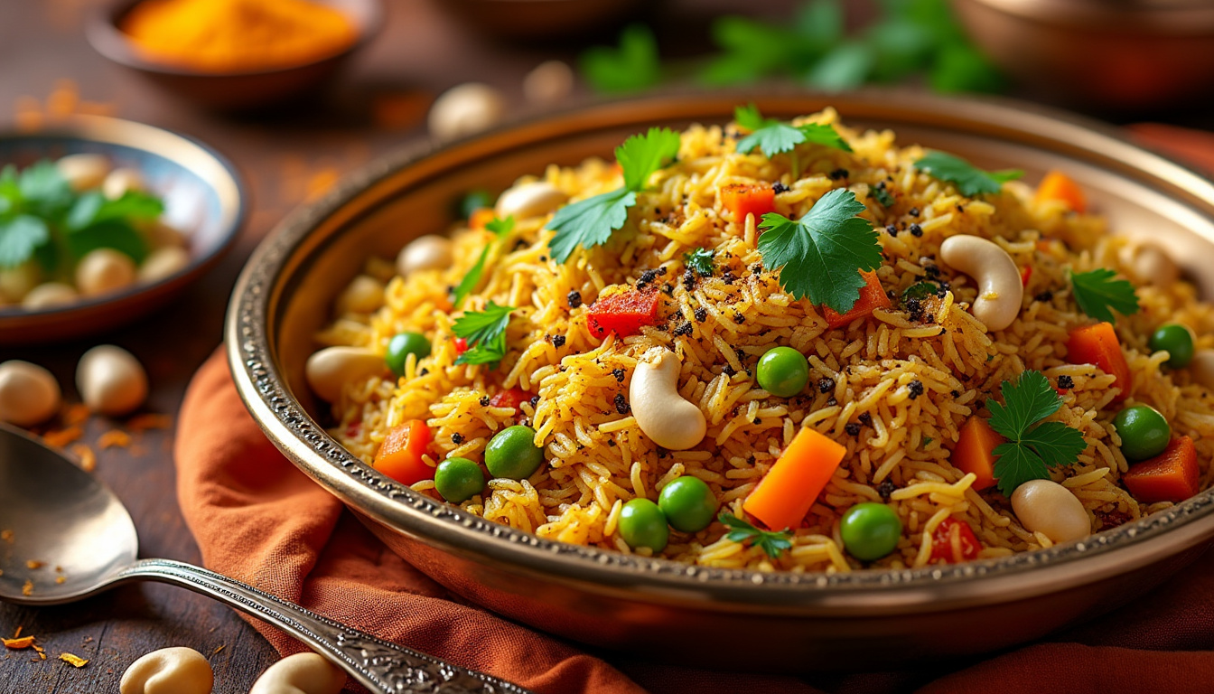 découvrez notre recette de biryani vegan façon indienne, une véritable explosion de saveurs qui marie épices exotiques et légumes frais. réveillez vos papilles avec ce plat réconfortant et savoureux, idéal pour tous les amateurs de cuisine végétale.