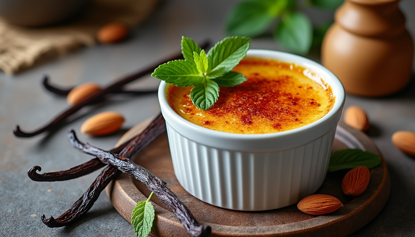 découvrez notre délicieuse recette de crème brûlée vegan à la vanille et au lait d’amande, une gourmandise onctueuse et crémeuse qui ravira vos papilles tout en étant respectueuse de l'environnement. parfaite pour une fin de repas élégante!
