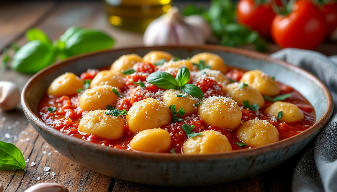 découvrez notre recette savoureuse de gnocchis vegan accompagnés d'une délicieuse sauce tomate maison. un plat réconfortant et sain, parfait pour les amateurs de cuisine végétale!