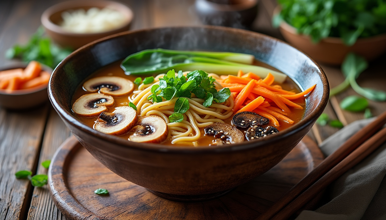 découvrez notre recette de ramen vegan maison, un délicieux plat réconfortant avec un bouillon parfumé et des nouilles savoureuses. apprenez à préparer ce mets savoureux qui ravira vos papilles tout en étant entièrement végétal. idéal pour une cuisine saine et gourmande.