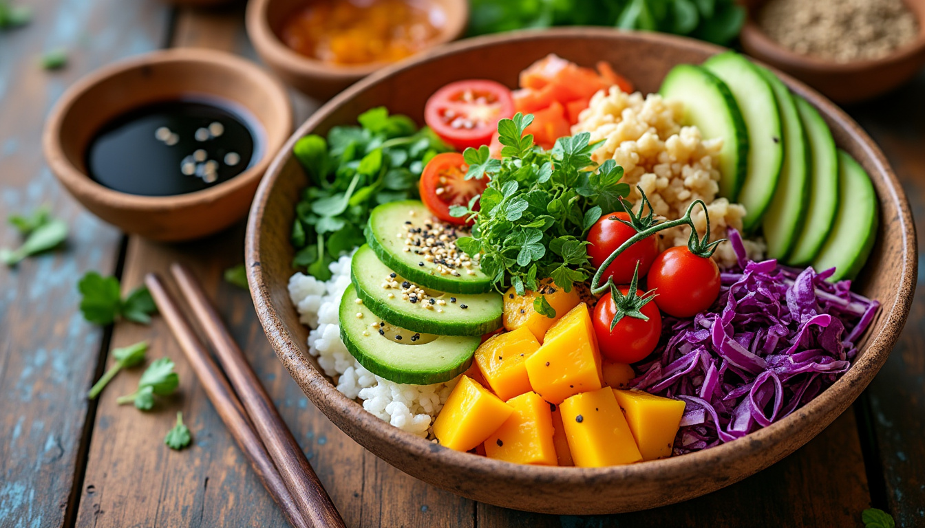 découvrez notre recette maison simple et colorée de poke bowl vegan ! savourez un mélange frais de légumes croquants, de riz savoureux et de sauces délicieuses, parfait pour un repas sain et gourmand à la maison.