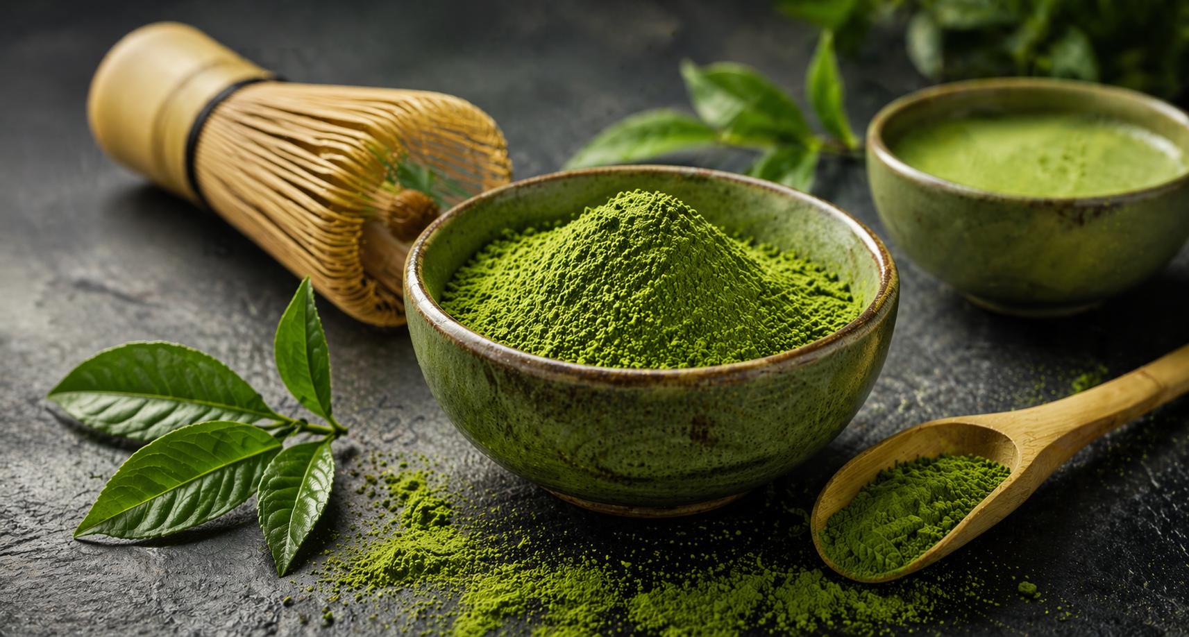 Poudre de matcha japonaise finement broyée dans un petit bol en céramique artisanale aux nuances terreuses.