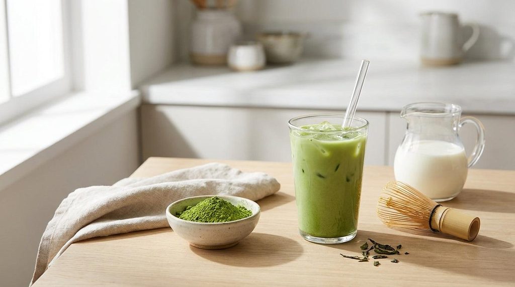 matcha latte glacé dans un verre transparent, avec de délicates couches de lait végétal blanc et de thé matcha vert lumineux, quelques glaçons visibles et une fine mousse en surface.