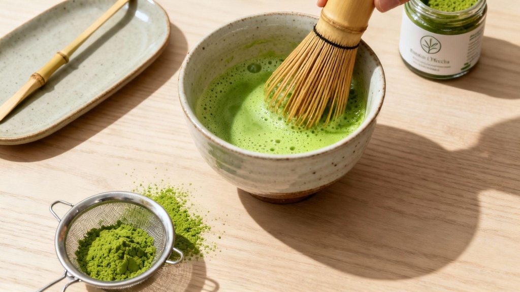 Un bol en céramique artisanale contenant du matcha vert vif légèrement mousseux, un fouet en bambou posé à côté, une petite coupelle de poudre de matcha tamisée et une cuillère en bois.